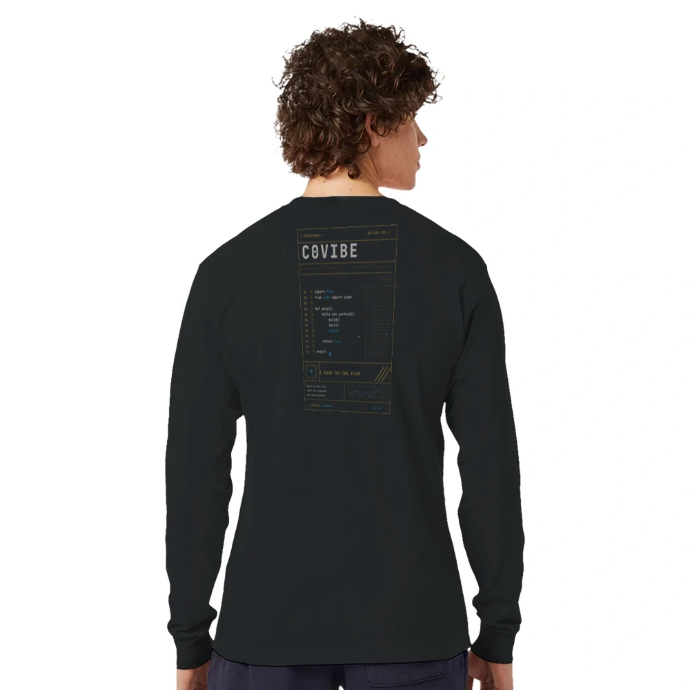 Gelato Champion black long-sleeve back-view product photo with smaller C0VIBE VibeCoder production vector back-print preview