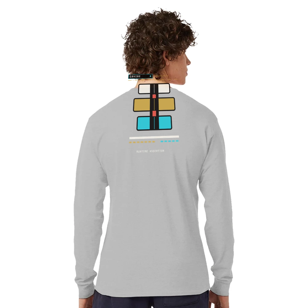Gelato grey Champion long-sleeve back-view source photo with smaller C0VIBE Runtime Totem upper-back print preview