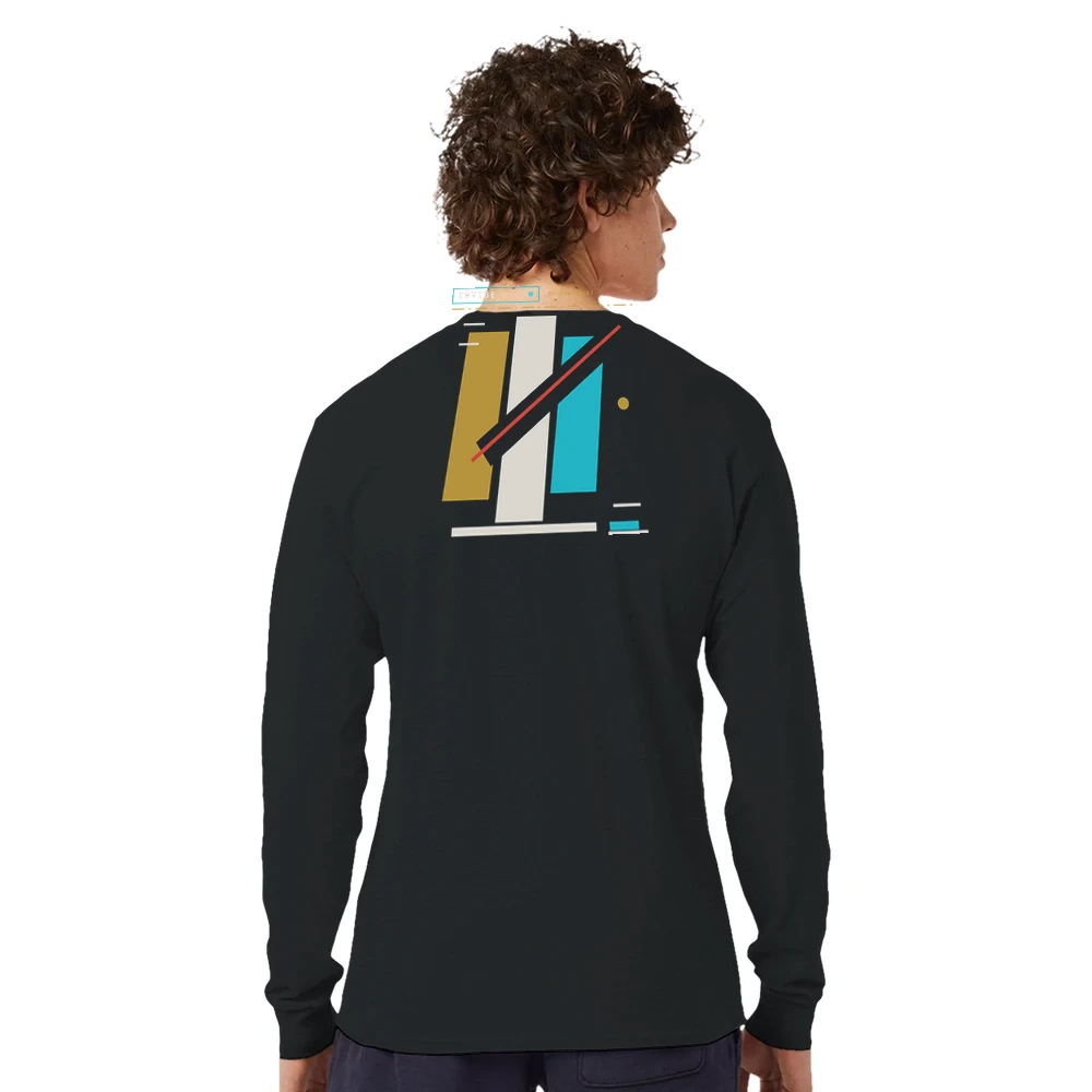 Gelato black Champion long-sleeve back-view source photo with smaller C0VIBE Slabgate upper-back print preview