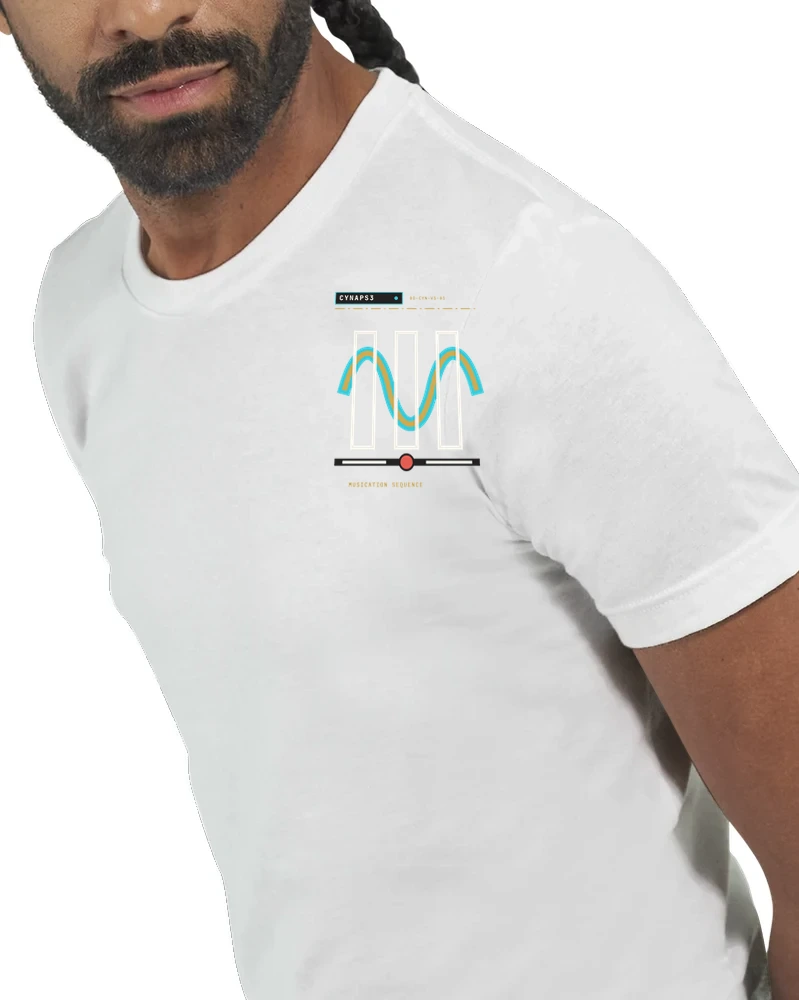 Gelato white Bella Canvas tee source photo with small CYNAPS3 Oscillator front print preview
