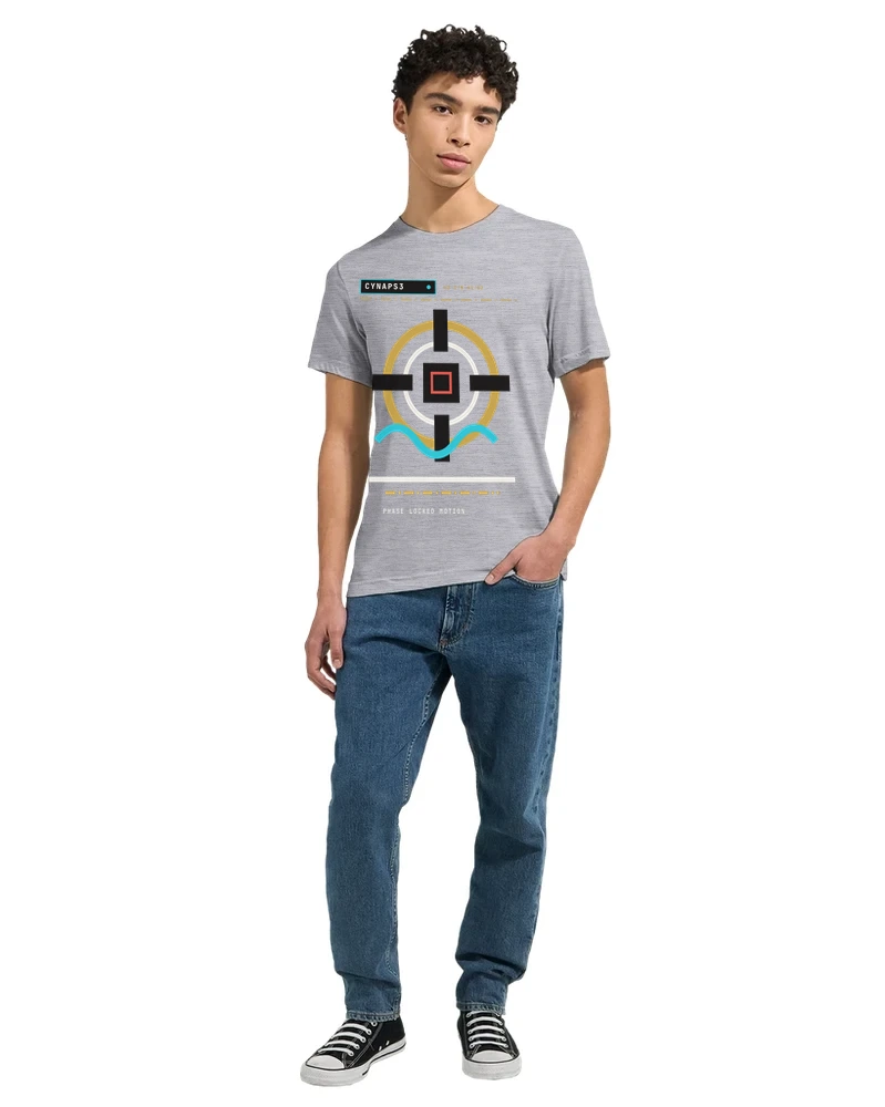 Gelato grey triblend tee full-body model source photo with small CYNAPS3 Sequence Field front print preview